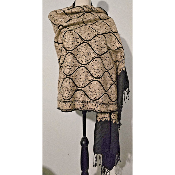 Kashmiri Embroidered Wool Shawl Wrap Stole Black Beige Embellished Women 28 x 80 - Picture 1 of 9